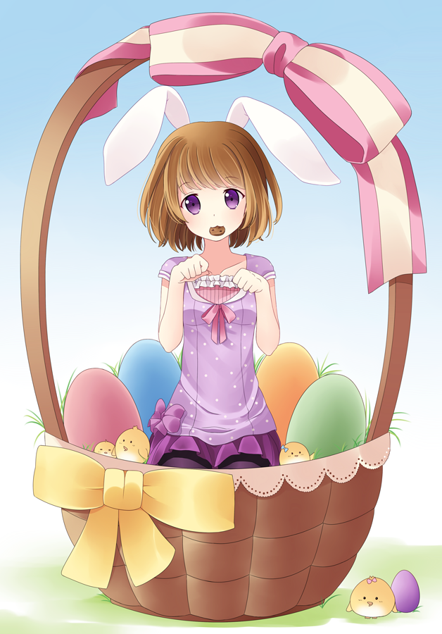 :3 animal_ears basket bird brown_hair bunny_ears chick cookie easter easter_egg food hitsukuya mouth_hold original paw_pose purple_eyes ribbon short_hair skirt solo violet_eyes