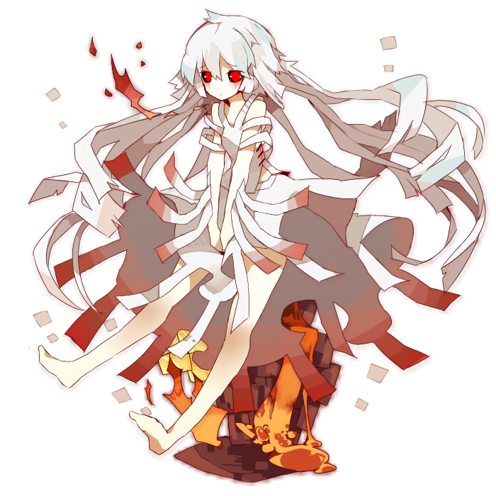 bare_shoulders black_sclera dress ghast long_hair minecraft molten_rock personification red_eyes rooseputo_02 solo very_long_hair white_hair