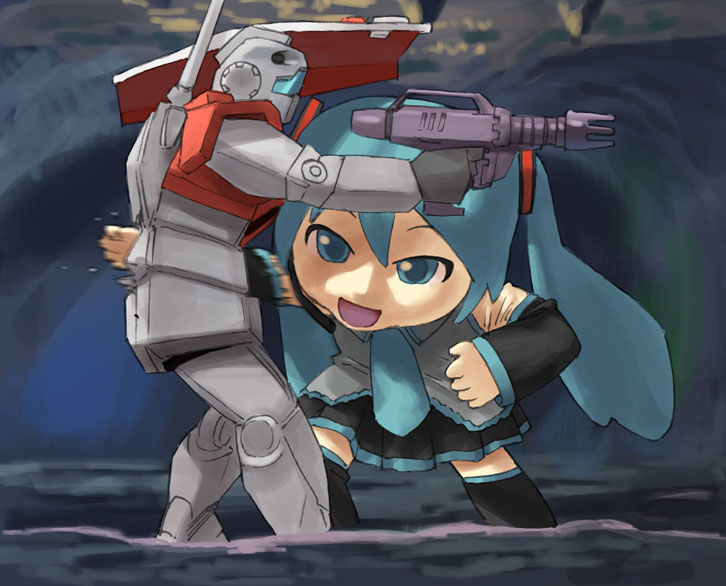 :d action attack battle blue_eyes blue_hair cave chibi crossover detached_sleeves giant gm_(mobile_suit) gun gundam hatsune_miku mecha mikudayo mobile_suit_gundam necktie open_mouth parody pleated_skirt punching shield skirt smile standing takeda_kanryuusai thigh-highs thighhighs twintails vocaloid weapon