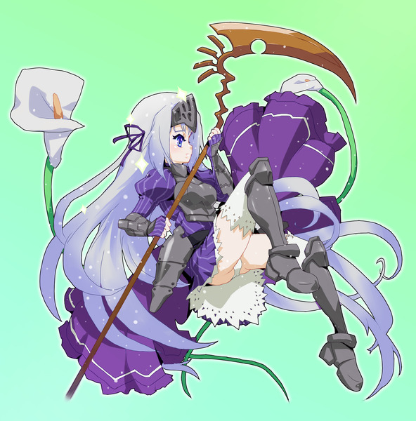 aqua_background armor armored_dress blue_eyes blue_hair breastplate dress eucliwood_hellscythe flower gauntlets gradient gradient_background greaves green_background juliet_sleeves kore_wa_zombie_desu_ka? lascalis long_hair long_sleeves panties puffy_sleeves ribbon scythe solo underwear very_long_hair visor_(armor) weapon white_panties