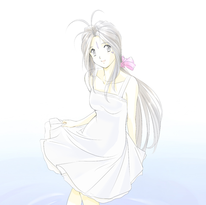 antenna_hair belldandy bow dress facial_mark forehead_mark goddess gradient gradient_background hair_bow kuuyuu sundress