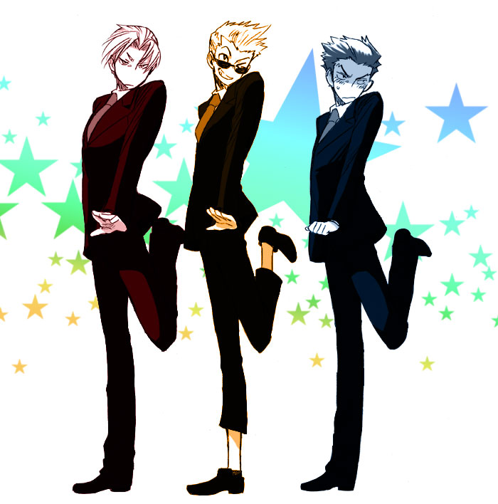 3boys alternate_costume blush clenched_hand dancing elite_beat_agents formal frown grin gyakuten_kenji gyakuten_saiban hair_intakes head_tilt kinoko-da leg_up looking_away male mitsurugi_reiji monochrome multiple_boys naruhodou_ryuuichi necktie parody shaded_face smile spiked_hair standing_on_one_leg star suit sunglasses sweat sweatdrop white_background white_skin wink yahari_masashi