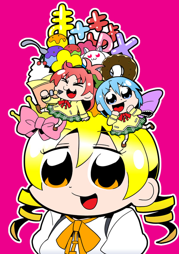&gt;:) &gt;:3 &gt;:d &gt;_&lt; :3 :d bkub blonde_hair blue_eyes blue_hair bow cherry chibi chibi_on_head cover creature crown doughnut drill_hair eating food fruit hair_bow hands_on_own_face ice_cream kyubey long_sleeves looking_at_viewer magical_girl mahou_shoujo_madoka_magica miki_sayaka minigirl multiple_girls object_on_head open_mouth orange_eyes pink_background plaid plaid_skirt pleated_skirt puffy_sleeves red_hair redhead sakura_kyouko school_uniform short_hair skirt smile spoon tomoe_mami twin_drills twintails x3