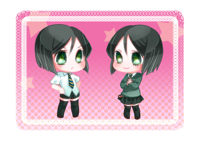 1boy 1girl :&gt; bairi3 bangs black_hair bob_cut chibi cosplay costume_switch dual_persona eyelashes fate/zero fate_(series) genderswap green_eyes necktie parted_bangs pleated_skirt sensha_otoko short_hair shorts skirt sweater t-shirt thigh-highs thighhighs vertical-striped_legwear vertical_stripes waver_velvet