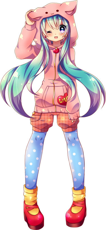 alternate_costume aqua_hair earrings hatsune_miku heart hoodie jewelry long_hair pantyhose purple_eyes solo twintails urara_(sumairuclover) violet_eyes vocaloid wink