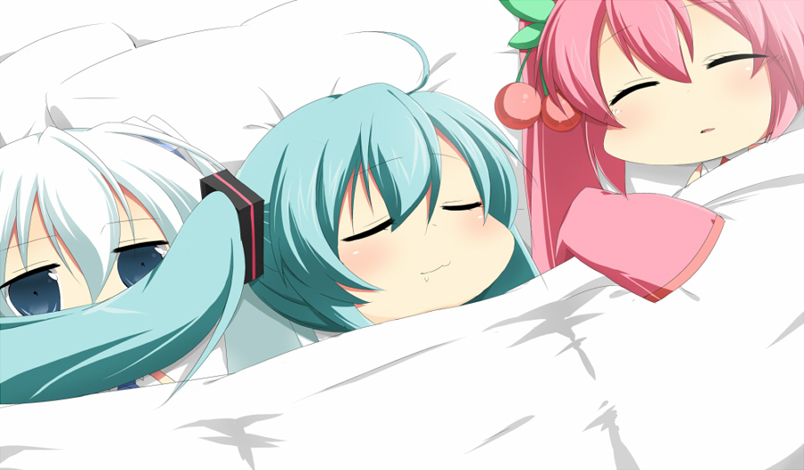 :3 aqua_hair bed blanket blue_eyes blush cherry chibi closed_eyes drooling eyes_closed fake_mustache flat_gaze food fruit hair_ornament hatsune_miku multiple_girls n39 on_bed parted_lips pillow pink_hair sakura_miku sleeping twintails vocaloid white_hair yuki_miku