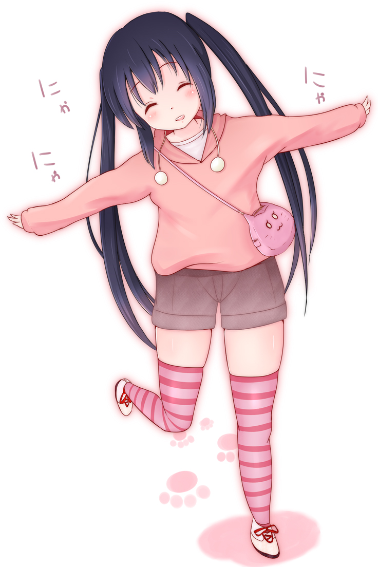 black_hair closed_eyes eyes_closed hoodie k-on! long_hair nakano_azusa outstretched_arms purse spread_arms spread_ears striped striped_legwear tateshina thighhighs twintails