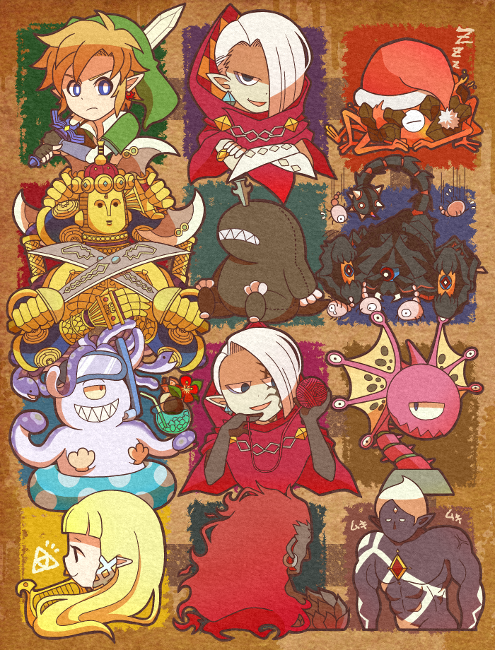 blonde_hair blue_eyes crossed_arms demise earrings fingerless_gloves ghirahim gloves grin hair_over_one_eye hair_tubes hat innertube jewelry koloktos link moldarach muscle nintendo pointy_ears princess_zelda rainohmok3 red_hair redhead santa_hat scaldera scuba skyward_sword smile spoilers sword tentalus the_imprisoned the_legend_of_zelda triforce weapon white_hair yarn_ball yarnball