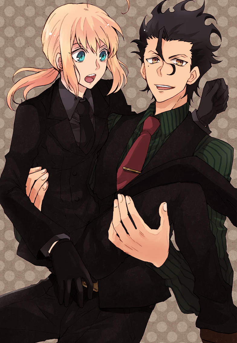 1girl ahoge black_gloves black_hair blonde_hair carrying fate/zero fate_(series) formal gloves green_eyes hair_ribbon lancer_(fate/zero) long_hair mole necktie pant_suit ponytail princess_carry ribbon saber sudachips suit vest waistcoat yellow_eyes