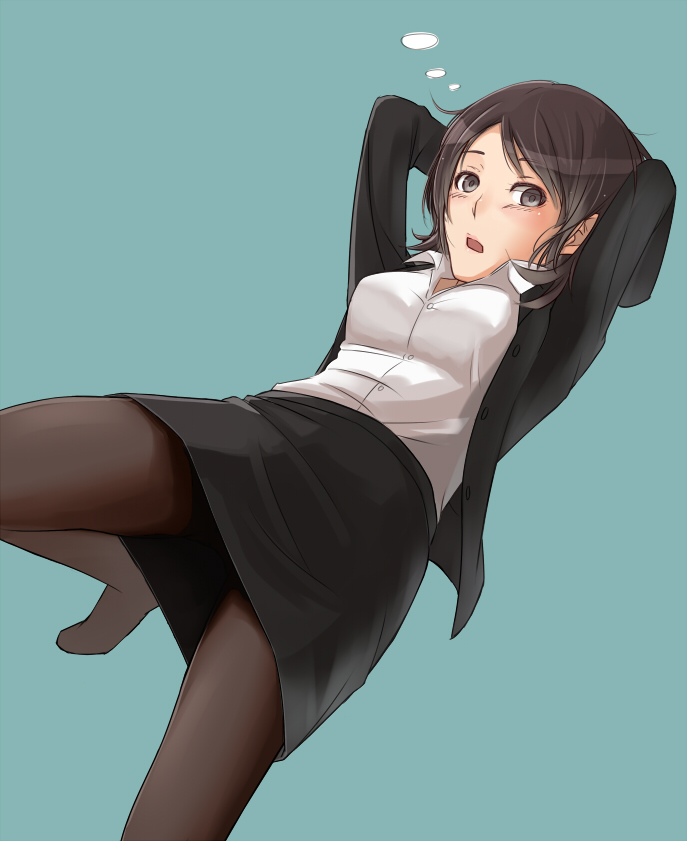 akitotika amagami arms_behind_head brown_eyes brown_hair female formal miniskirt miniskit no_shoes open_mouth pantyhose short_hair simple_background skirt skirt_suit solo suit takahashi_maya teacher