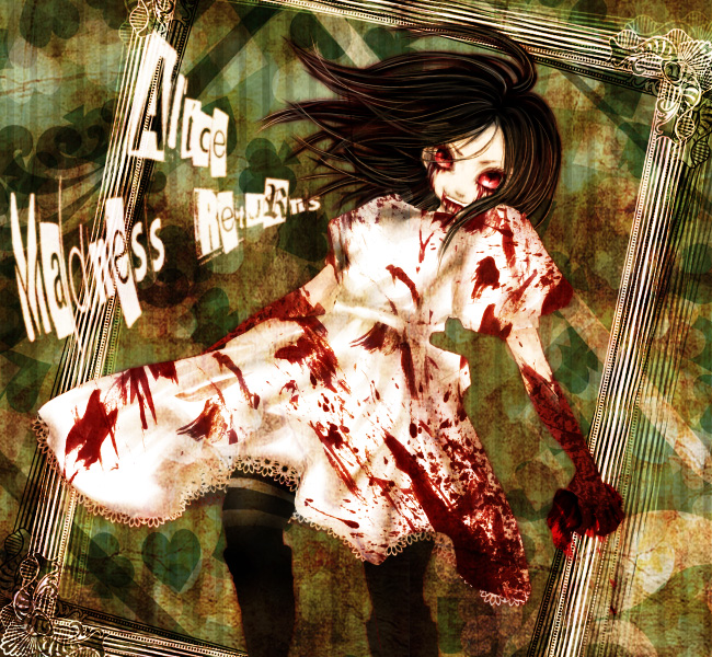 alice:_madness_returns alice_(wonderland) alice_in_wonderland american_mcgee's_alice american_mcgee's_alice black_hair blood blood_stain bloody_tears dress hinaduki41 open_mouth red_eyes solo striped striped_legwear thigh-highs thighhighs