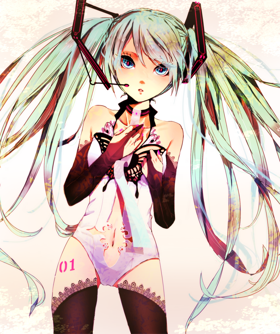 aqua_eyes bare_shoulders breasts bridal_gauntlets butterfly center_opening choker green_hair hands_on_own_chest hatsune_miku hatsune_miku_(append) headset lace lace-trimmed_thighhighs long_hair miku_append navel necktie raiji_(riz00) solo thigh-highs thighhighs twintails very_long_hair vocaloid vocaloid_append