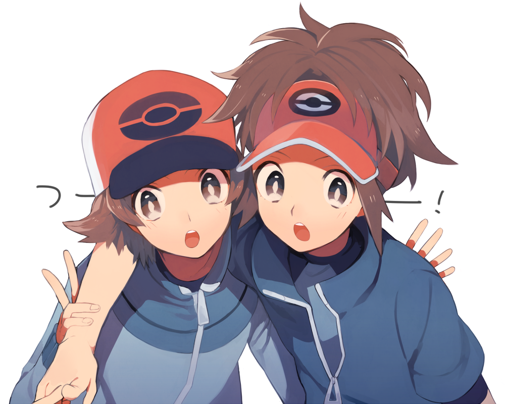 2boys blue_jacket brown_eyes brown_hair cap hat jacket kyouhei_(pokemon) long_hair male_protagonist_(pokemon) male_protagonist_(pokemon_bw2) multiple_boys open_mouth pokemon pokemon_(game) pokemon_bw pokemon_bw2 short_hair simple_background touya_(pokemon) v visor visor_cap white_background