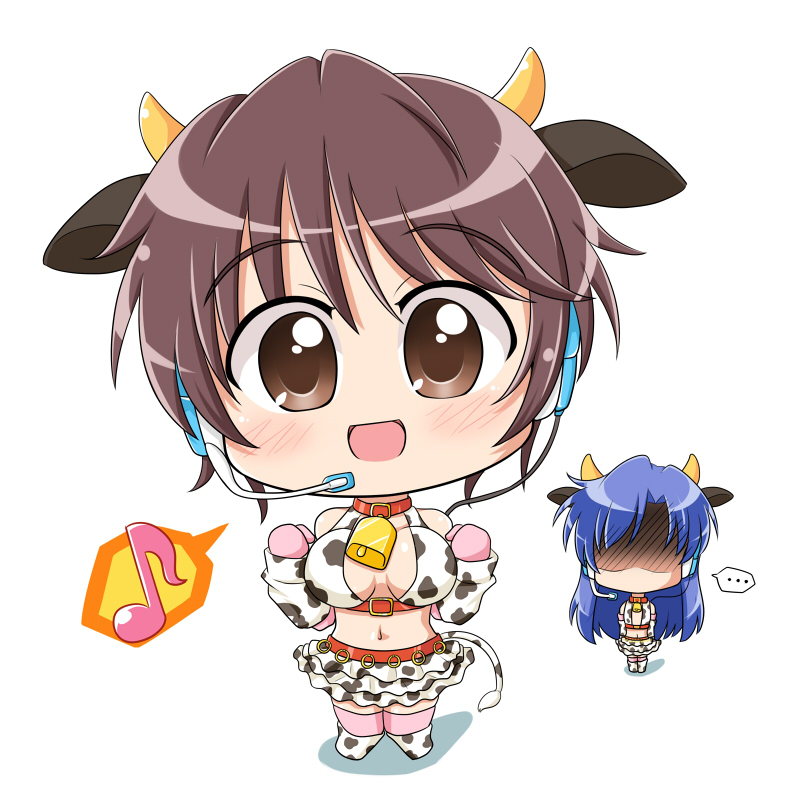 animal_ears bell bell_collar blue_hair blush breast_envy brown_eyes brown_hair chibi collar cosplay cow_bell cow_ears cow_horns cow_print cow_tail gloves headset horns idolmaster idolmaster_cinderella_girls kisaragi_chihaya midriff multiple_girls musical_note navel no_eyes oikawa_shizuku oikawa_shizuku_(cosplay) open_mouth shaded_face simple_background skirt smile spoken_musical_note tail wagomu17 white_background