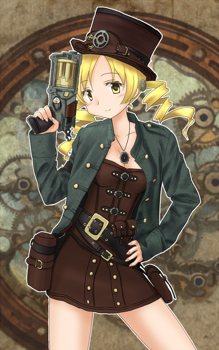 1girl belt blonde_hair blush breasts cleavage derivative_work dress drill_hair estel gun hair_ornament hand_on_hip hat highres hips jacket jewelry mahou_shoujo_madoka_magica necklace nerf_gun nerf_maverick_rev-6 pouches smile solo steampunk tomoe_mami top_hat weapon yellow_eyes