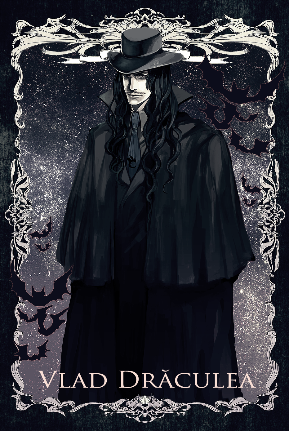 bat black_hair cape copyright_request dracula facial_hair gothic highres long_hair male moon necktie nicole solo