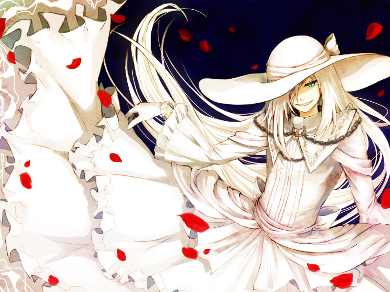 bandage_over_one_eye character_request choma crossdressinging dies_irae dress frills gloves green_eyes hair_over_one_eye hat lolita_fashion long_hair pale_skin petals ribbon rose_petals simple_background smile solo source_request very_long_hair white_dress white_hair wolfgang_schreiber