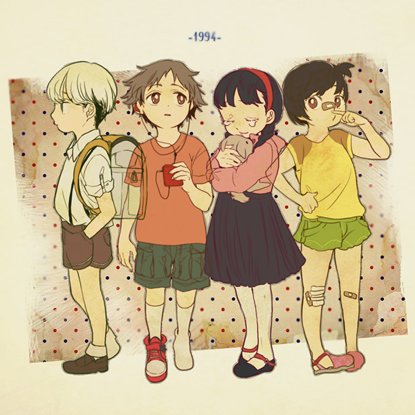 2girls amagi_yukiko backpack bag bandage bandages bandaid black_hair brown_eyes brown_hair bunny cargo_shorts closed_eyes digital_media_player earbuds earphones eyes_closed footwear grey_eyes grey_hair hanamura_yousuke hand_on_hip hands_in_pockets hips kamimon kneehighs looking_at_viewer looking_away multiple_boys multiple_girls narukami_yuu o3o pantyhose persona persona_4 ponytail rabbit randoseru satonaka_chie see-through shoes short_hair shorts single_shoe skirt socks standing suspenders sweater t-shirt tears tomboy young