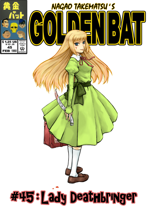 blonde_hair blood blue_eyes cover dokono_dareo dr._yamatone dress fake_cover footwear green_dress knife light_smile loafers long_hair looking_at_viewer looking_back marie_millet oldschool ougon_bat ougon_bat_(character) parano_(pixiv2588278) parody peggy_(ougon_bat) scar shoes socks standing style_parody trunk white_background yamatone_takeru