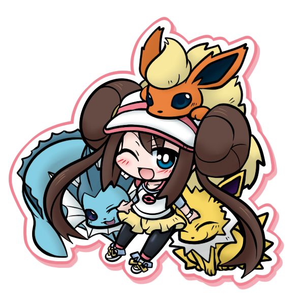 ^_^ blue_eyes brown_hair chibi closed_eyes double_bun eyes_closed female_protagonist_(pokemon_bw2) flareon jolteon mei_(pokemon) open_mouth pantyhose pokemon pokemon_(game) pokemon_bw2 pokemon_rgby shorts skirt smile vaporeon wink yanagi_(artist) yanagi_(nurikoboshi)