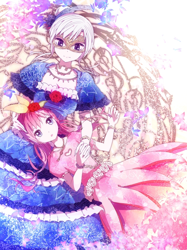 arsene bracelet breasts domino_mask dress flower hair_flower hair_ornament hand_holding henriette_mystere holding_hands inae_keiji inaesake jewelry mask multiple_girls necklace on_back pink_hair purple_eyes rose sherlock_shellingford silver_hair tantei_opera_milky_holmes violet_eyes