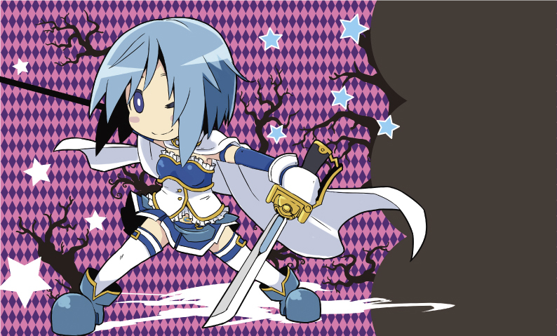 armband blue_eyes blue_hair cape dual_wielding gloves mahou_shoujo_madoka_magica miki_sayaka short_hair smile solo sword thigh-highs thighhighs totsuki_tooka weapon wink witch's_labyrinth witch's_labyrinth zettai_ryouiki