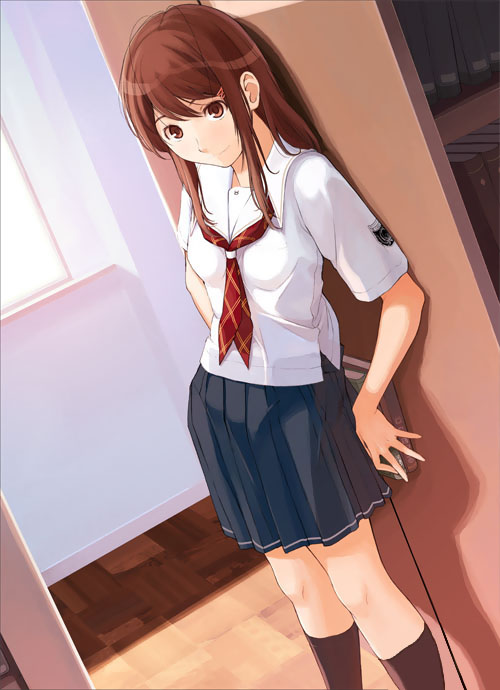 brown_eyes brown_hair hoshino_yuumi kimi_kiss long_hair official_art school_uniform solo takayama_kisai