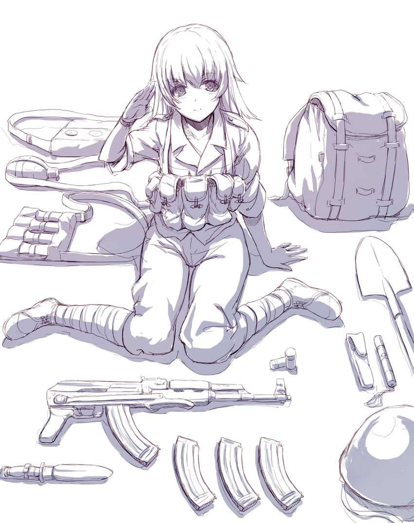 1girl assault_rifle backpack bag bottle combat_knife explosive grenade gun helmet long_hair magazine_(weapon) military military_uniform monochrome nightmaremk2 original people's_liberation_army pouch randoseru rifle salute sheath sheathed simple_background sitting sleeves_rolled_up smile solo spade type_56 type_56-1 uniform wariza watch weapon white_background wristwatch