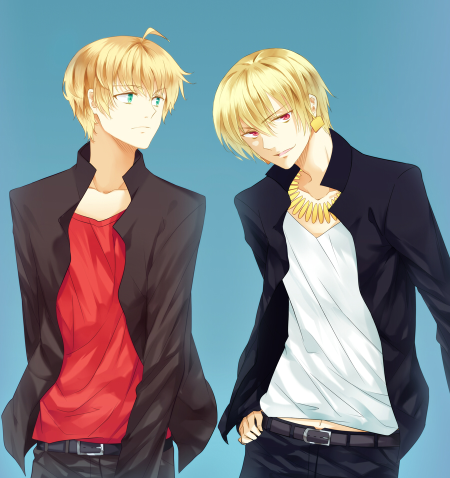 ahoge ayumi_(xiwu) blonde_hair blue_background bracelet casual fate/prototype fate/zero fate_(series) gilgamesh green_eyes jacket jewelry male multiple_boys necklace red_eyes saber_(fate/prototype) simple_background