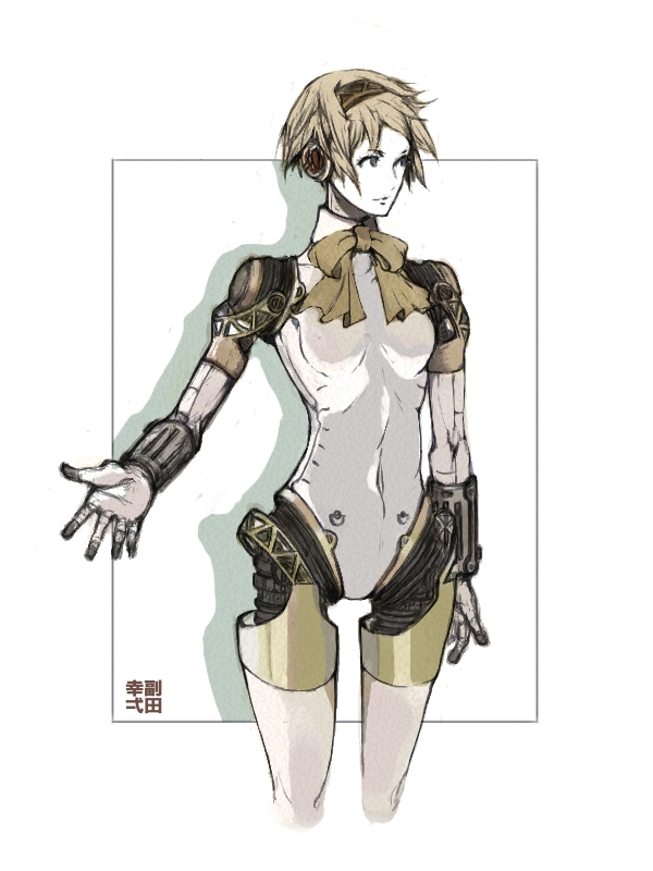 aegis android blonde_hair breasts futianxingyi_(warholx) grey_eyes headphones heaset hips kosin3 legs looking_away open_hand persona persona_3 ribbon robot robot_joints short_hair signature solo standing thighs