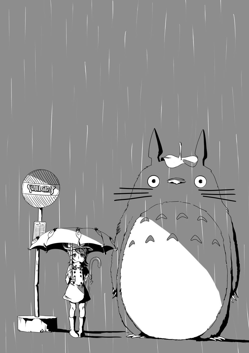 artist_request boots child claws closed_umbrella creature crossover eyes greyscale hat highres holding hungern_(skullgirls) leaf leaf_on_head looking_at_viewer monochrome parody raincoat short_hair sign size_difference skullgirls source_request standing studio_ghibli title_drop tonari_no_totoro totoro umbrella umbrella_(skullgirls)