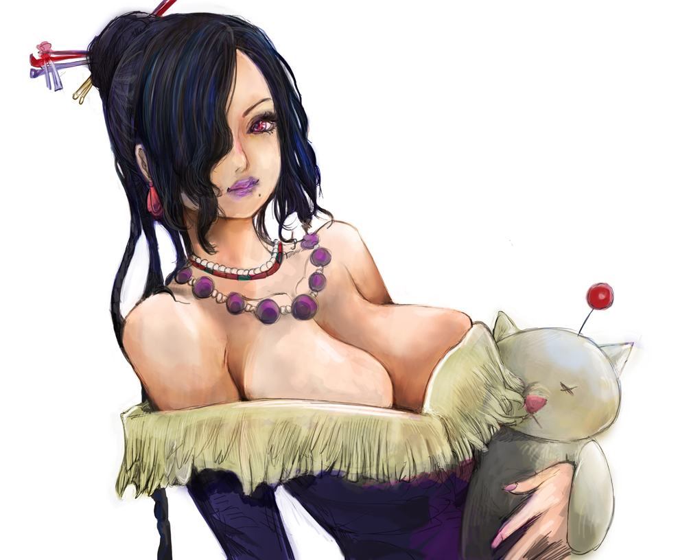 black_hair breasts cleavage dress final_fantasy final_fantasy_x hair_over_one_eye jewelry kazaana large_breasts light_smile lips lipstick long_hair lulu makeup mole moogle necklace pink_eyes simple_background solo strapless_dress