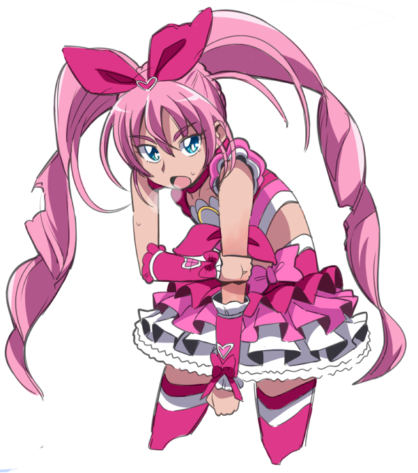 1girl blue_eyes brooch choker cure_melody earrings exhausted frilled_skirt hair_ribbon haiteku heart houjou_hibiki jewelry long_hair looking_at_viewer magical_girl midriff open_mouth pink_hair precure ribbon simple_background skirt solo suite_precure twintails white_background