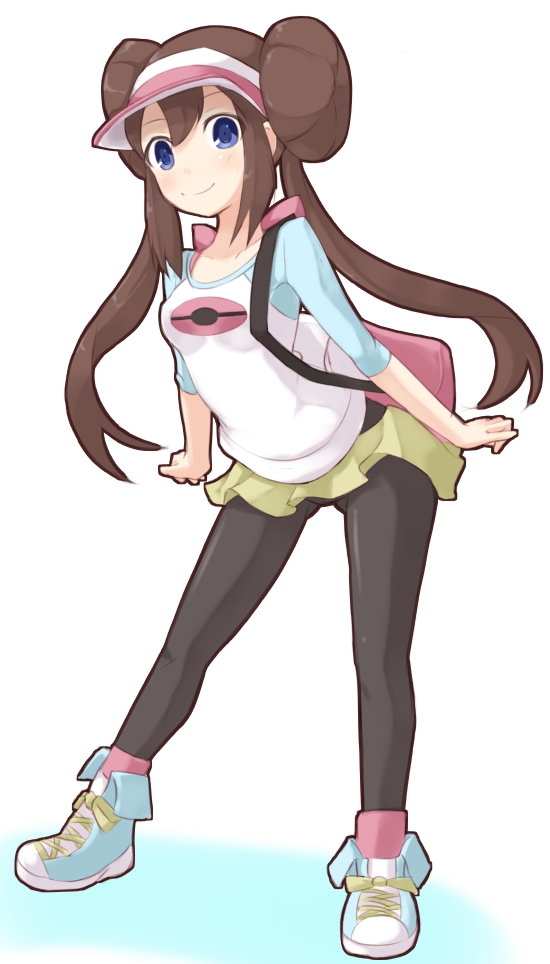 bag black_legwear blue_eyes breasts brown_hair double_bun female_protagonist_(pokemon_bw2) full_body leaning_forward mei_(pokemon) miniskirt minitesu panties panties_under_pantyhose pantyhose pokemon pokemon_(game) pokemon_bw2 raglan_sleeves satchel shoes skirt sneakers solo standing twintails underwear visor visor_cap white_background