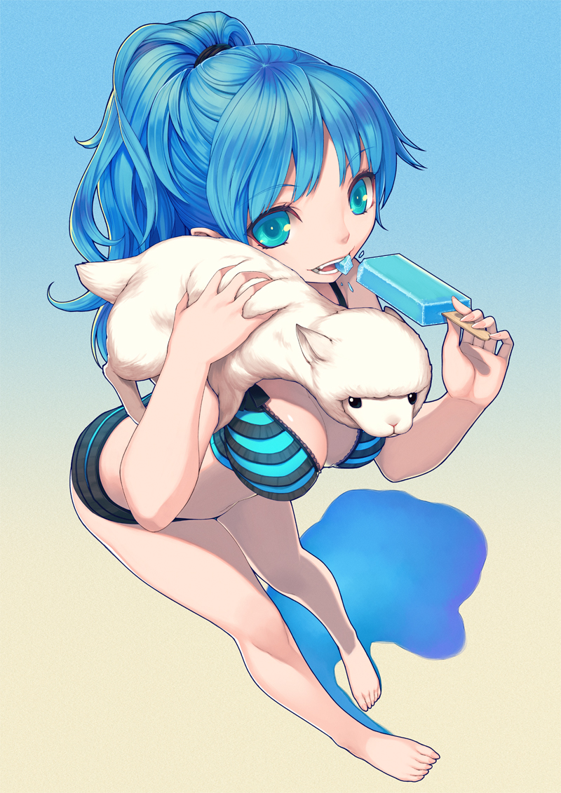 arched_back bare_legs bare_shoulders barefoot blue_eyes blue_hair bra breasts cleavage copyright_request eating fingernails foreshortening from_above gradient gradient_background grin kimura_daisuke lamb lingerie long_hair looking_at_viewer navel panties ponytail popsicle smile solo striped striped_bra striped_panties thigh_gap thighs toenails toes underwear