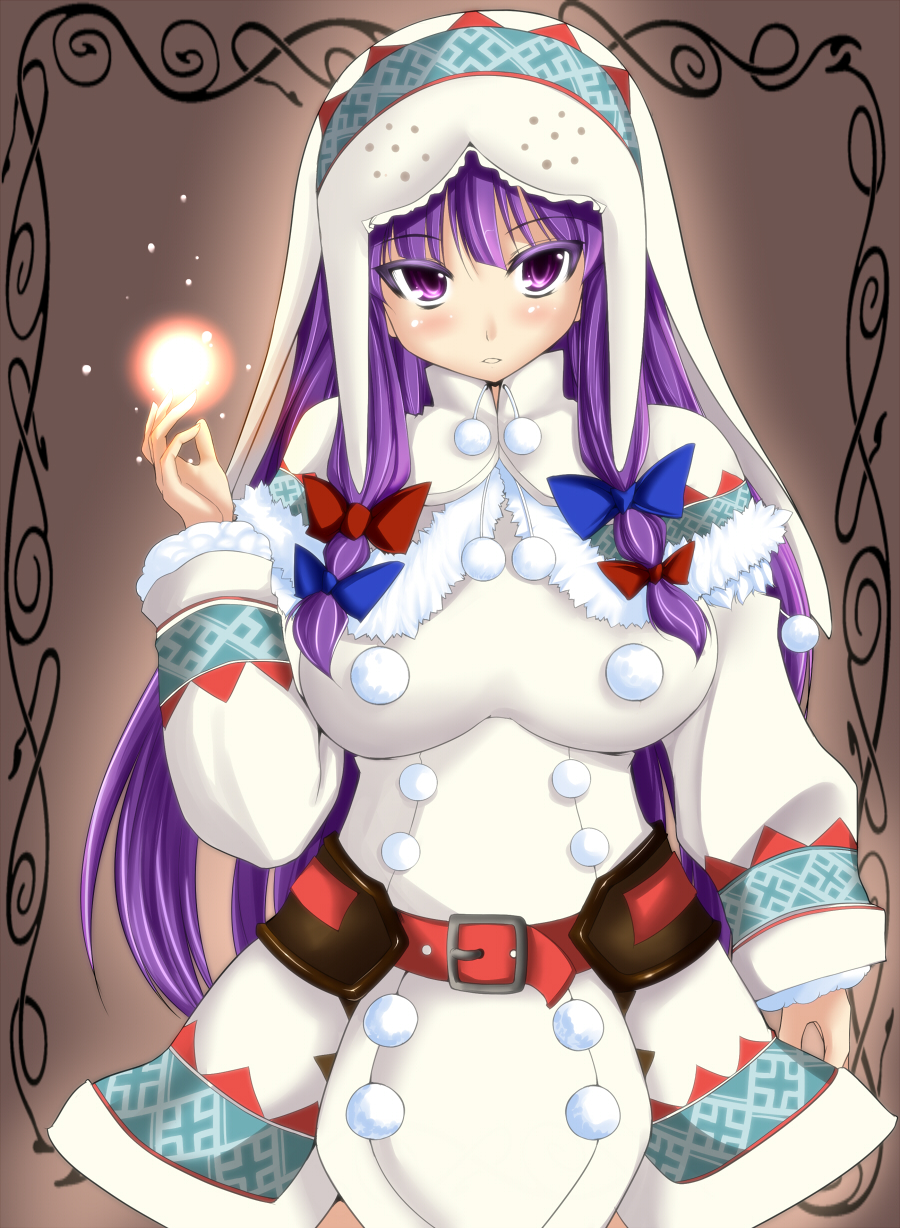 alternate_costume belt blush bow breasts bust capcom capelet coat cosplay hair_bow highres hood long_hair magic monster_hunter monster_hunter_portable_3rd patchouli_knowledge payot purple_eyes purple_hair simple_background solo suteru_(stiel) touhou urukususu_(armor) very_long_hair violet_eyes winter_clothes