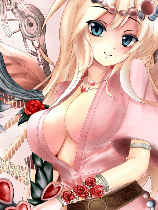aphrodite_(lord_of_vermilion) blonde_hair blue_eyes blush bracer breasts cleavage flower harp heart instrument jewelry large_breasts long_hair looking_at_viewer lord_of_vermilion necklace red_rose rose smile solo wahara_romasa