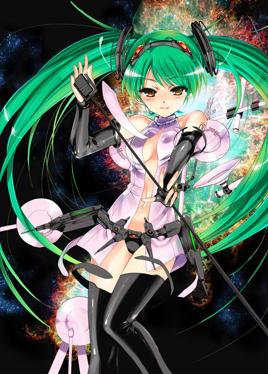 aqua_hair bare_shoulders black_legwear blush breasts center_opening cleavage detached_sleeves hairband hatsune_miku hatsune_miku_(append) highres long_hair looking_at_viewer metallican microphone microphone_stand miku_append navel siblings smile solo thigh-highs thighhighs twins twintails very_long_hair vocaloid vocaloid_append yellow_eyes