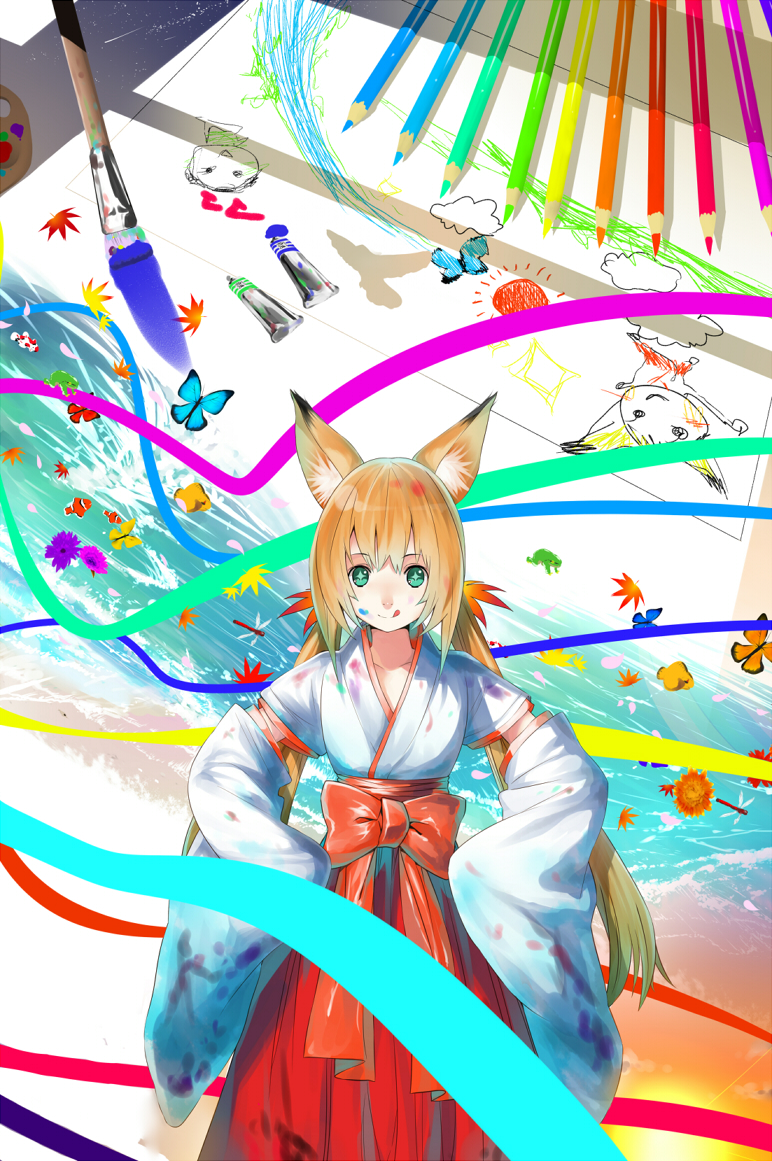 animal_ears bad_id blonde_hair colored_pencil detached_sleeves drawing eraser facepaint fox_ears green_eyes hands_on_hips hullabaloo japanese_clothes leaf maple_leaf original paint paintbrush pencil solo twintails