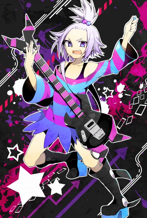 1girl bass_guitar blue_eyes boots dress flat_chest guitar gym_leader hair_bobbles hair_ornament homika_(pokemon) instrument minidress open_mouth platform_footwear pokemon pokemon_(game) pokemon_bw2 purple_eyes sgawarananto shirt solo striped striped_dress striped_shirt topknot white_hair