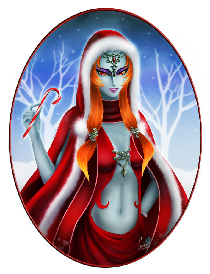 blue_skin breasts candy_cane cape center_opening christmas eyeshadow hood lipstick long_hair makeup midna navel orange_hair payot red_eyes signature solo spoilers the_legend_of_zelda tiara transparent_background twili_midna twilight_princess van_evil yellow_sclera