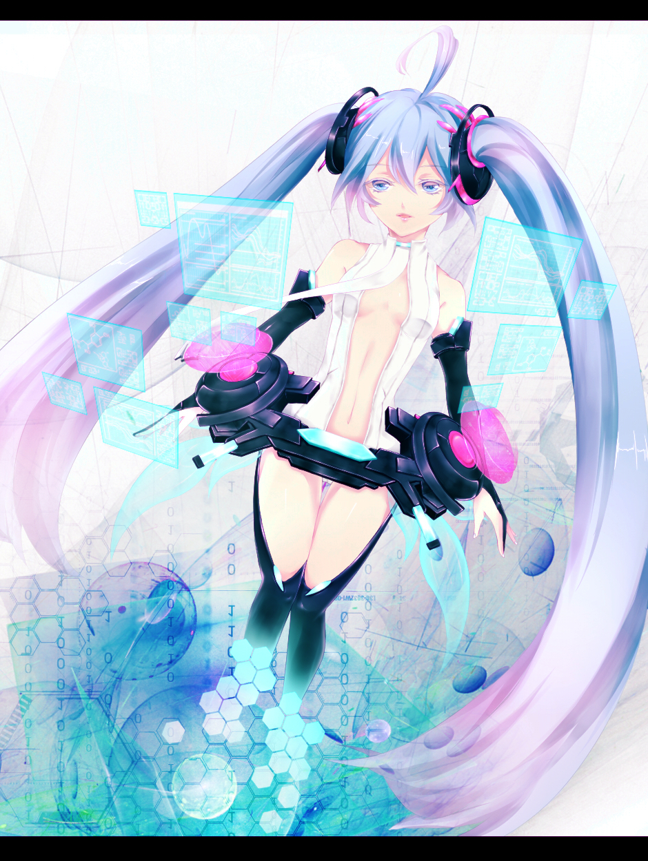 ahoge bare_shoulders binary blue_eyes blue_hair breasts bridal_gauntlets center_opening hatsune_miku hatsune_miku_(append) highres hologram holographic_interface holographic_monitor ku_m letterboxed long_hair miku_append navel necktie solo thigh-highs thighhighs twintails very_long_hair vocaloid vocaloid_append