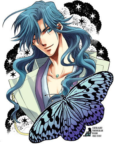 blue_eyes blue_hair butterfly harukanaru_toki_no_naka_de harukanaru_toki_no_naka_de_1 hayama_makoto long_hair lowres male smile solo tachibana_no_tomomasa white_background wink