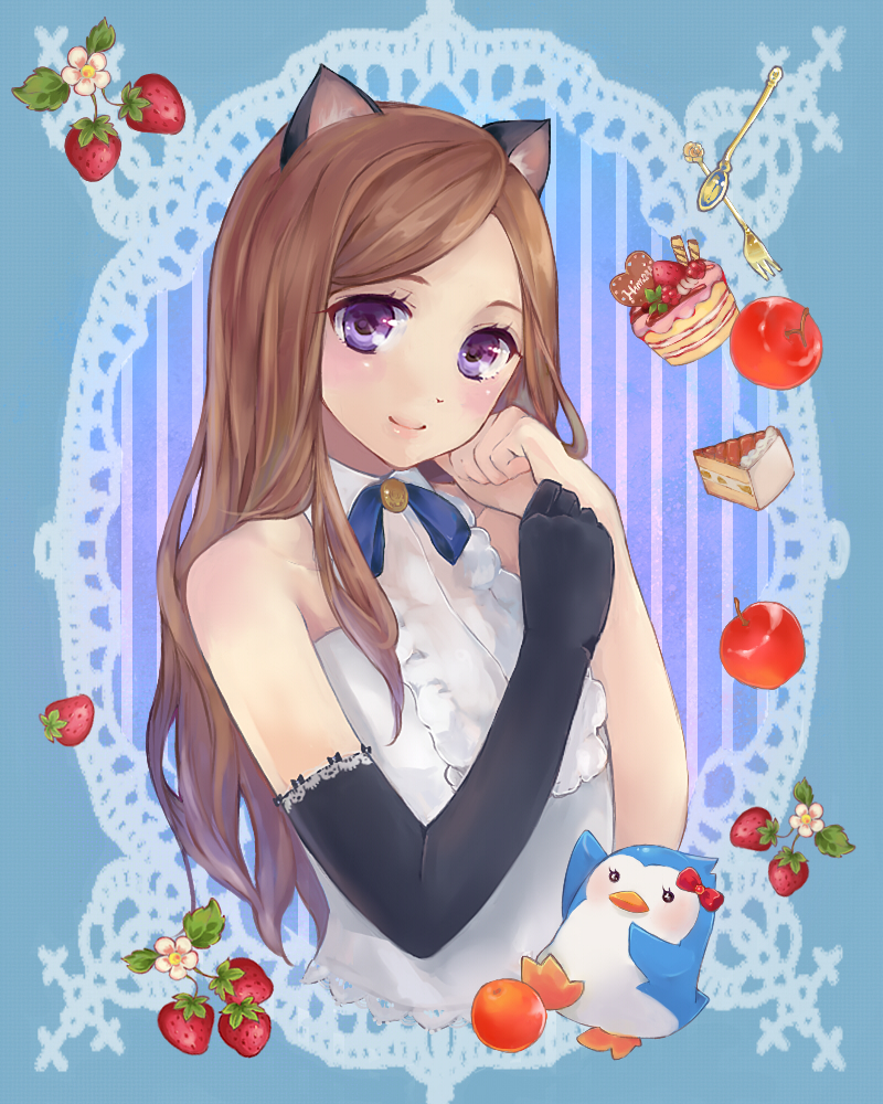 animal_ears apple bad_id bare_shoulders blush bow brown_hair bust cake cat_ears food fork frame fruit hair_bow long_hair looking_at_viewer mawaru_penguindrum penguin_3-gou purple_eyes single_elbow_glove single_glove smile spoon strawberry takakura_himari tukino_(panna) violet_eyes