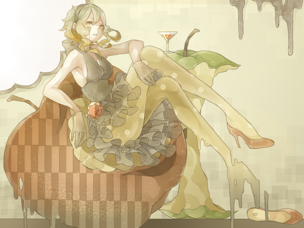 apple apple_core black_dress cup dress drink food fruit gloves green_hair gumi hairband heart high_heels melting mizutame_tori pantyhose shoe_removed shoes single_shoe solo vocaloid wine_glass