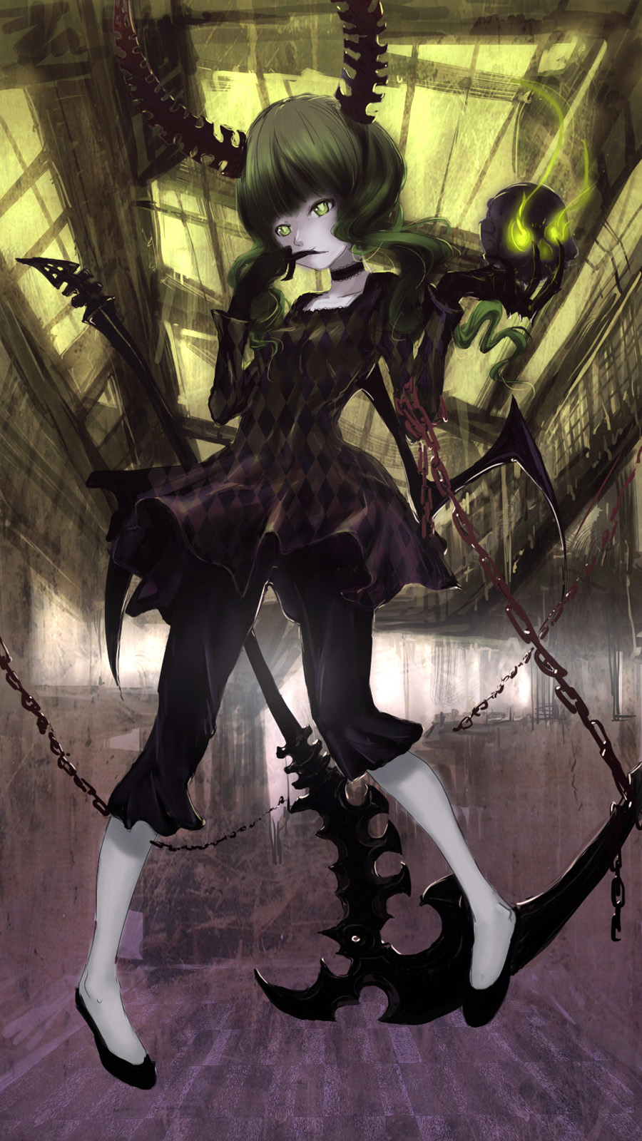 black_hair black_rock_shooter chain chains choker clare_(543) dead_master dress glowing glowing_eyes green_eyes highres pants scythe skull solo