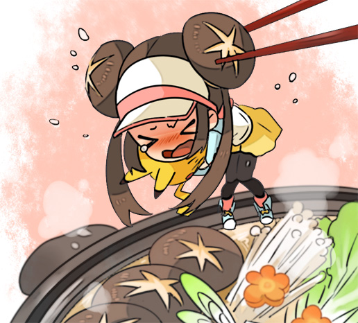 &gt;_&lt; ageha brown_hair chopsticks dangling double_bun eating_hair female_protagonist_(pokemon_bw2) flying_sweatdrops food mei_(pokemon) minigirl mushroom pantyhose pikachu pokemon pokemon_(game) pokemon_bw pokemon_bw2 shoes skirt soup tears twintails visor_cap