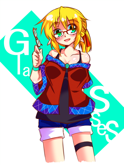 adapted_costume bare_shoulders bespectacled blonde_hair breasts cleavage gin_(shioyude) glasses green_eyes mizuhashi_parsee open_mouth pointy_ears shorts smile solo thigh_strap touhou