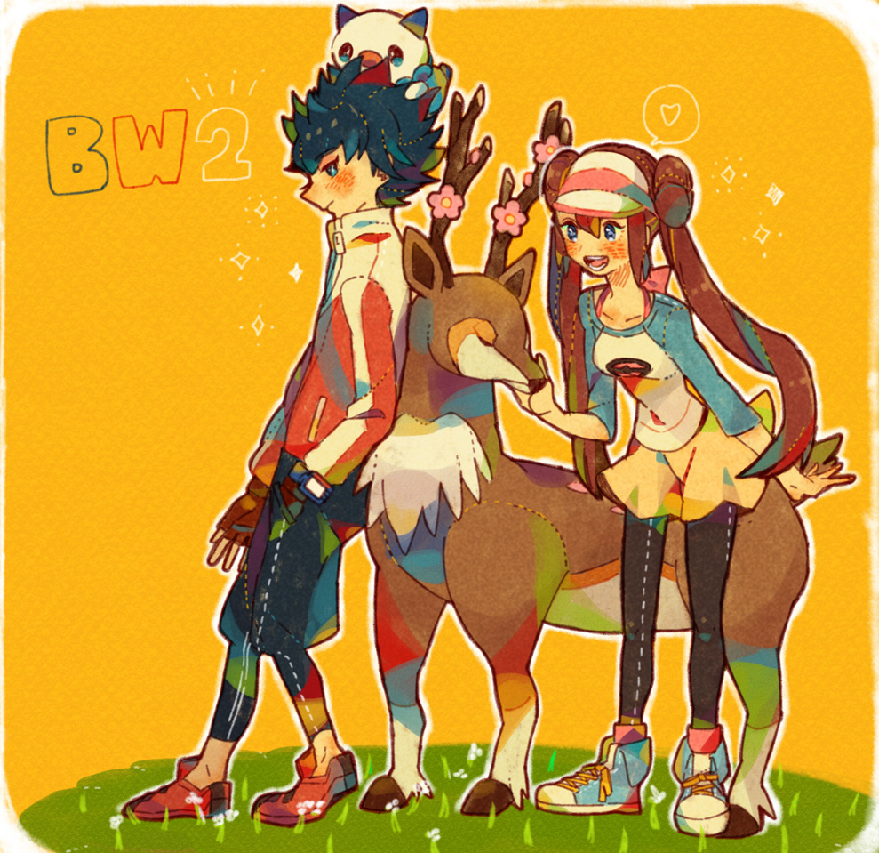 1boy 1girl animal_on_head black_hair black_legwear blue_eyes brown_hair double_bun fingerless_gloves gloves hand_in_pocket heart hue_(pokemon) jacket jeans leggings legwear_under_shorts long_hair mei_(pokemon) nabeko no_socks open_mouth orange_background oshawott pantyhose pokemon pokemon_(creature) pokemon_(game) pokemon_bw2 raglan_sleeves rival_(pokemon_bw2) sawsbuck shirt shoes short_hair shorts skirt smile sneakers sparkle spoken_heart standing title_drop track_jacket twintails visor visor_cap