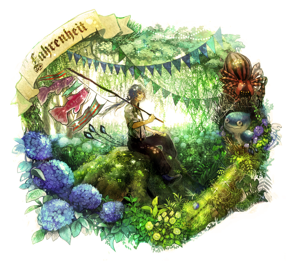 character_request chibi_(shimon) fishing_rod flower forest holding hydrangea koinobori livly_island male mushroom nature personification scenery silver_hair sitting solo spider suspenders